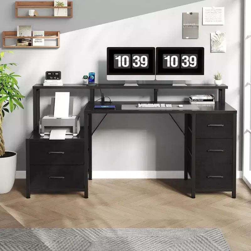 JIONJOY 67 Multifunctional Computer Desk with 5 Fabric Drawers, Monitor Riser, Charging Station, Gaming & Office Desk with Printer Storage