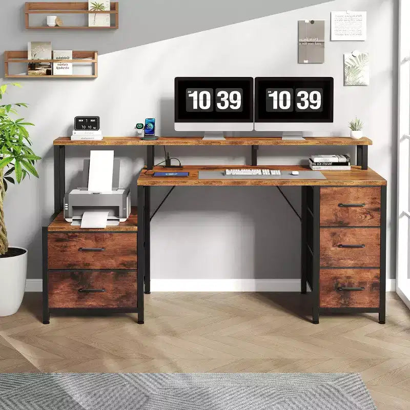 Bureau d'ordinateur multifonctionnel de 170 cm avec tiroirs, rehausseur d'écran et station de charge