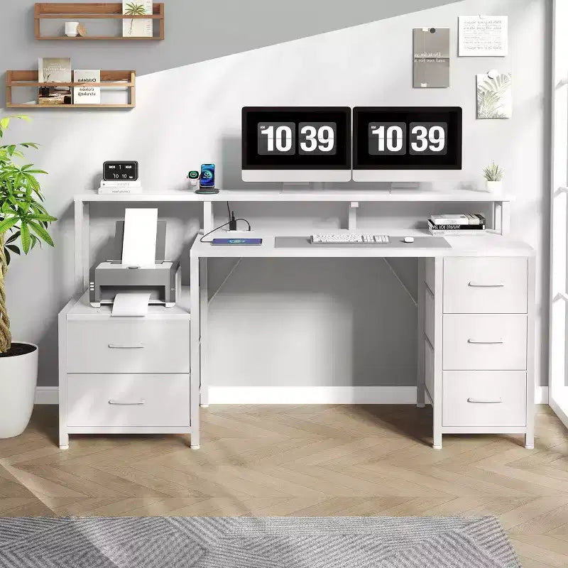 Bureau d'ordinateur multifonctionnel de 170 cm avec tiroirs, rehausseur d'écran et station de charge