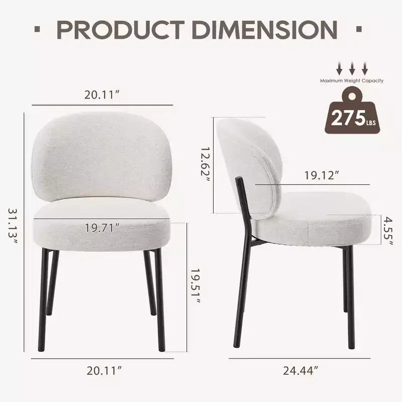 Chaise de salle à manger sans accoudoirs avec dossier incurvé et pieds en métal