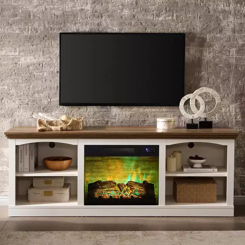 Meuble TV de cheminée de 70 po avec foyer électrique, console multimédia de style campagnard pour téléviseurs jusqu'à 80 po