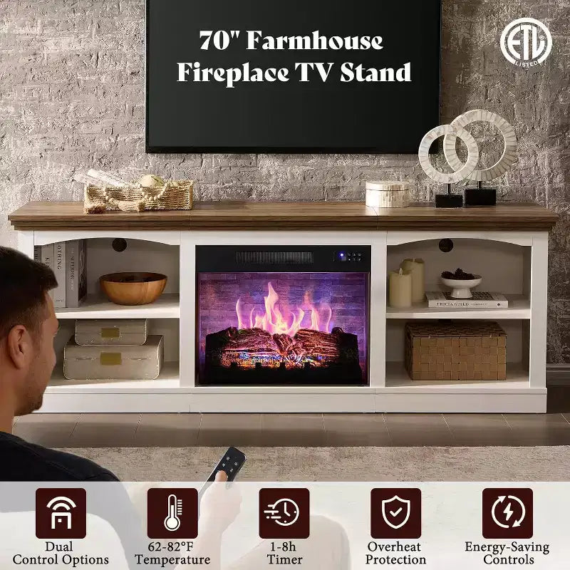 Meuble TV de cheminée de 70 po avec foyer électrique, console multimédia de style campagnard pour téléviseurs jusqu'à 80 po