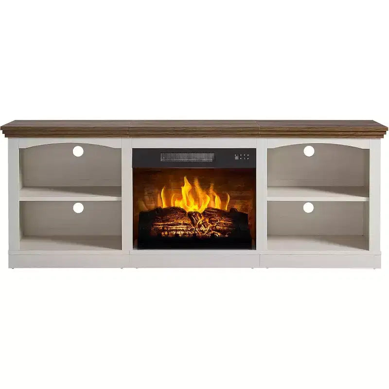 Meuble TV de cheminée de 70 po avec foyer électrique, console multimédia de style campagnard pour téléviseurs jusqu'à 80 po
