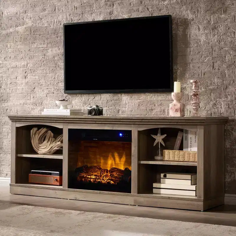 Meuble TV de cheminée de 70 po avec foyer électrique, console multimédia de style campagnard pour téléviseurs jusqu'à 80 po