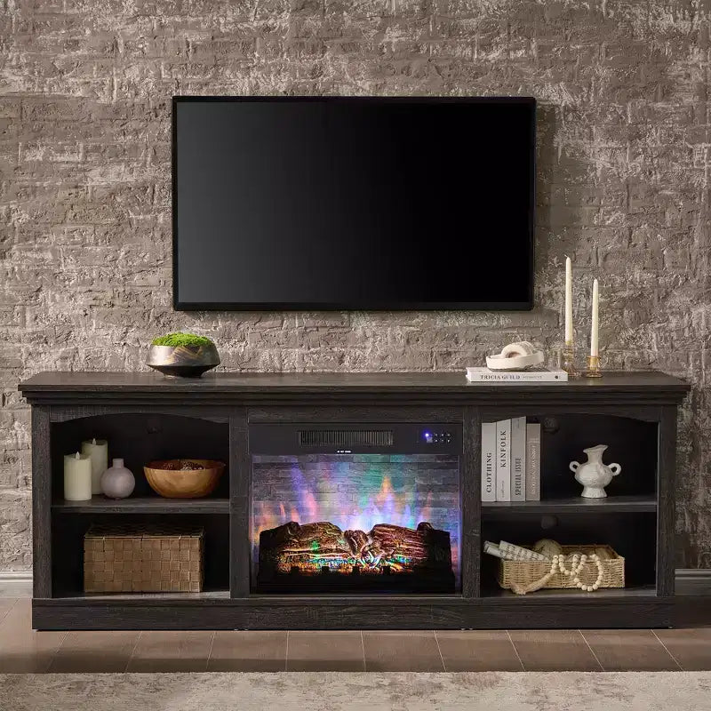 Meuble TV de cheminée de 70 po avec foyer électrique, console multimédia de style campagnard pour téléviseurs jusqu'à 80 po