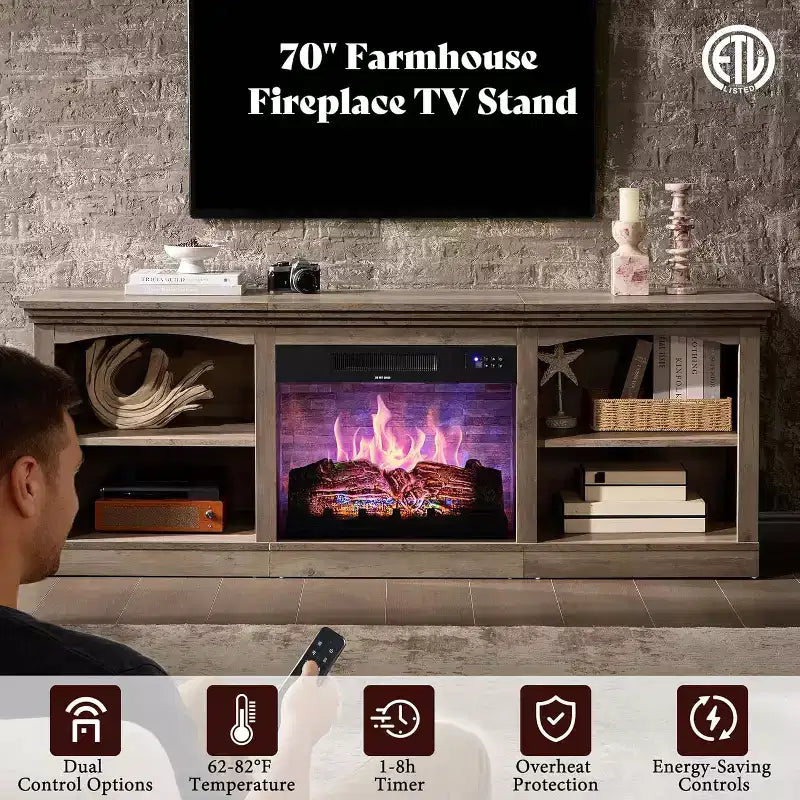 Meuble TV de cheminée de 70 po avec foyer électrique, console multimédia de style campagnard pour téléviseurs jusqu'à 80 po