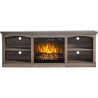 Meuble TV de cheminée de 70 po avec foyer électrique, console multimédia de style campagnard pour téléviseurs jusqu'à 80 po
