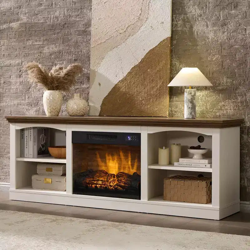 Meuble TV de cheminée de 70 po avec foyer électrique, console multimédia de style campagnard pour téléviseurs jusqu'à 80 po