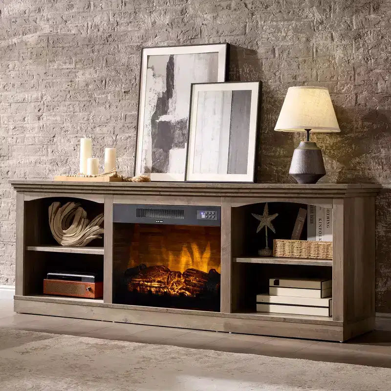 Meuble TV de cheminée de 70 po avec foyer électrique, console multimédia de style campagnard pour téléviseurs jusqu'à 80 po