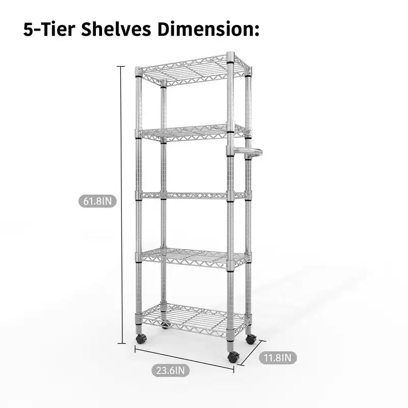 Étagère de Rangement Roulante de 155 cm de Haut, Étagères de Rangement Robustes à 5 Niveaux 500 kg, Étagère en Treillis Métallique avec Roues Verrouillables pour Garage et Chambre à Coucher