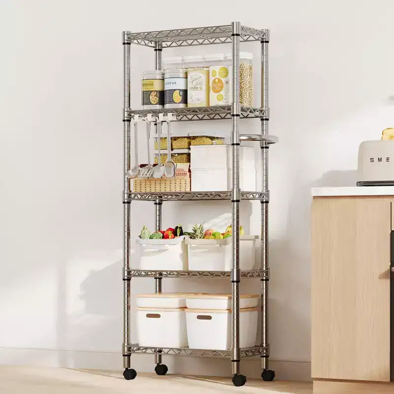 Étagère de Rangement Roulante de 155 cm de Haut, Étagères de Rangement Robustes à 5 Niveaux 500 kg, Étagère en Treillis Métallique avec Roues Verrouillables pour Garage et Chambre à Coucher