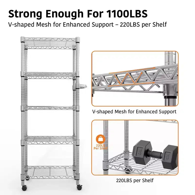 Étagère de Rangement Roulante de 155 cm de Haut, Étagères de Rangement Robustes à 5 Niveaux 500 kg, Étagère en Treillis Métallique avec Roues Verrouillables pour Garage et Chambre à Coucher