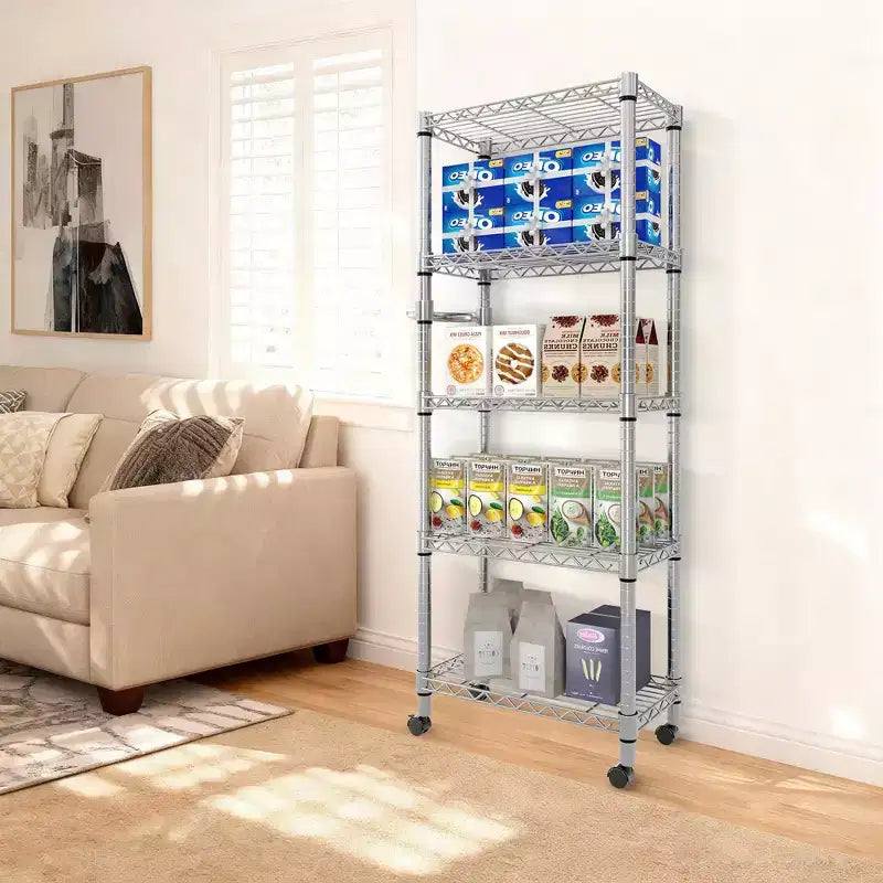 Étagère de Rangement Roulante de 155 cm de Haut, Étagères de Rangement Robustes à 5 Niveaux 500 kg, Étagère en Treillis Métallique avec Roues Verrouillables pour Garage et Chambre à Coucher