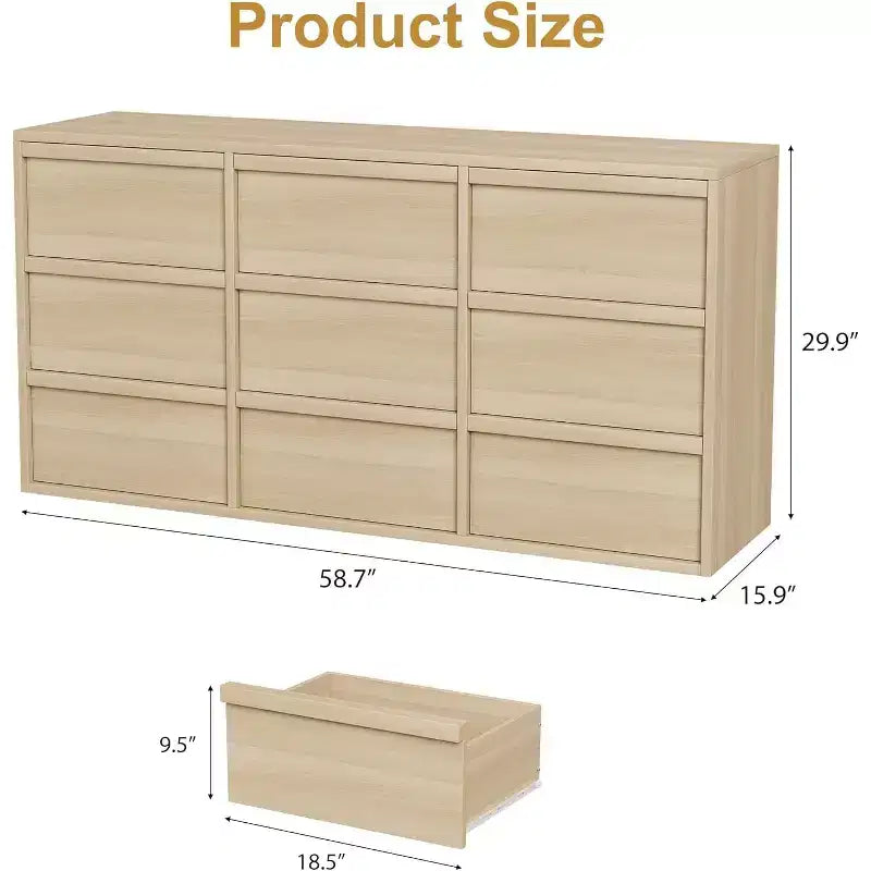 9 commodes pour chambre à coucher, commode de 149 cm de large, tiroir horizontal autoportant avec rangement, commode en bois pour salon, couloir