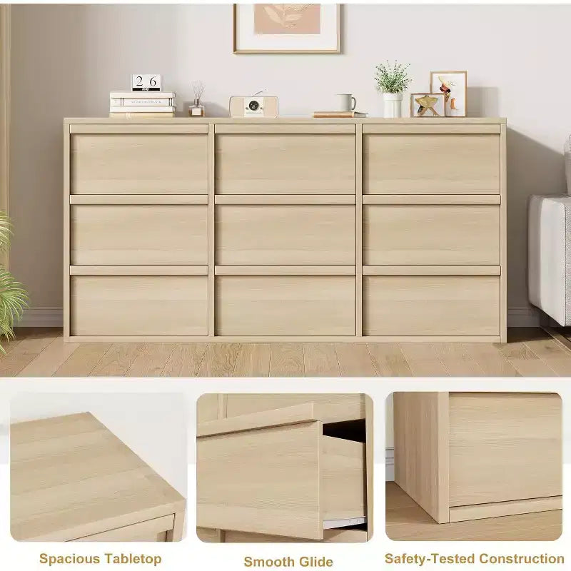 9 commodes pour chambre à coucher, commode de 149 cm de large, tiroir horizontal autoportant avec rangement, commode en bois pour salon, couloir