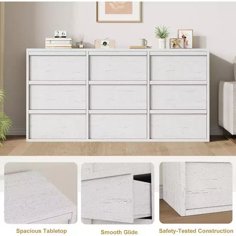 9 commodes pour chambre à coucher, commode de 149 cm de large, tiroir horizontal autoportant avec rangement, commode en bois pour salon, couloir