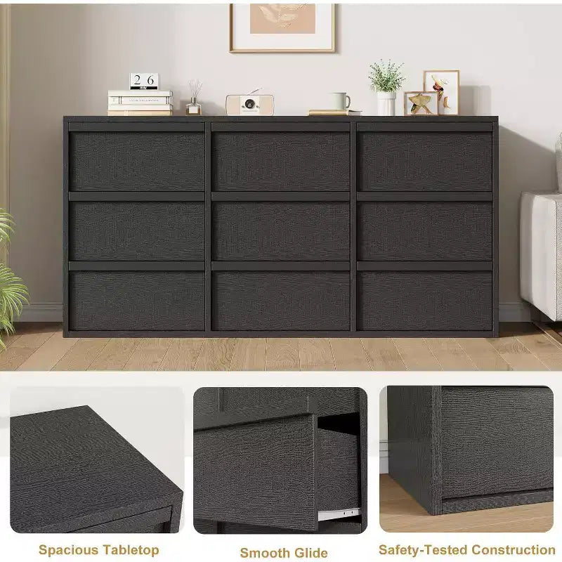 9 commodes pour chambre à coucher, commode de 149 cm de large, tiroir horizontal autoportant avec rangement, commode en bois pour salon, couloir