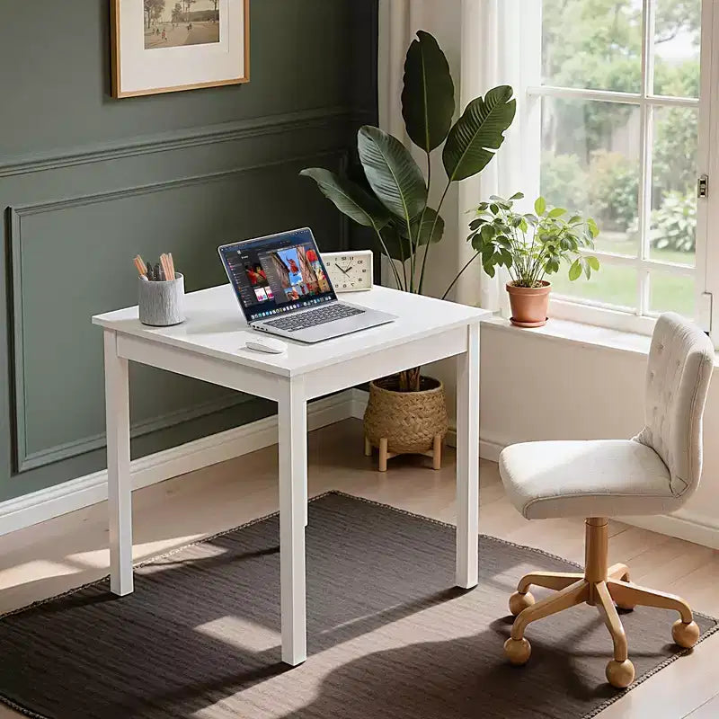 VECELO Bureau carré compact, Petit bureau minimaliste pour ordinateur portable et étude, Blanc