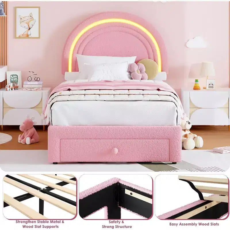 Cadre de lit enfant taille jumeau avec tête de lit arc-en-ciel LED et tiroir de rangement
