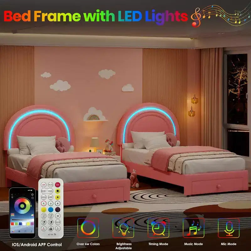 Cadre de lit enfant taille jumeau avec tête de lit arc-en-ciel LED et tiroir de rangement