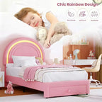 Cadre de lit enfant taille jumeau avec tête de lit arc-en-ciel LED et tiroir de rangement
