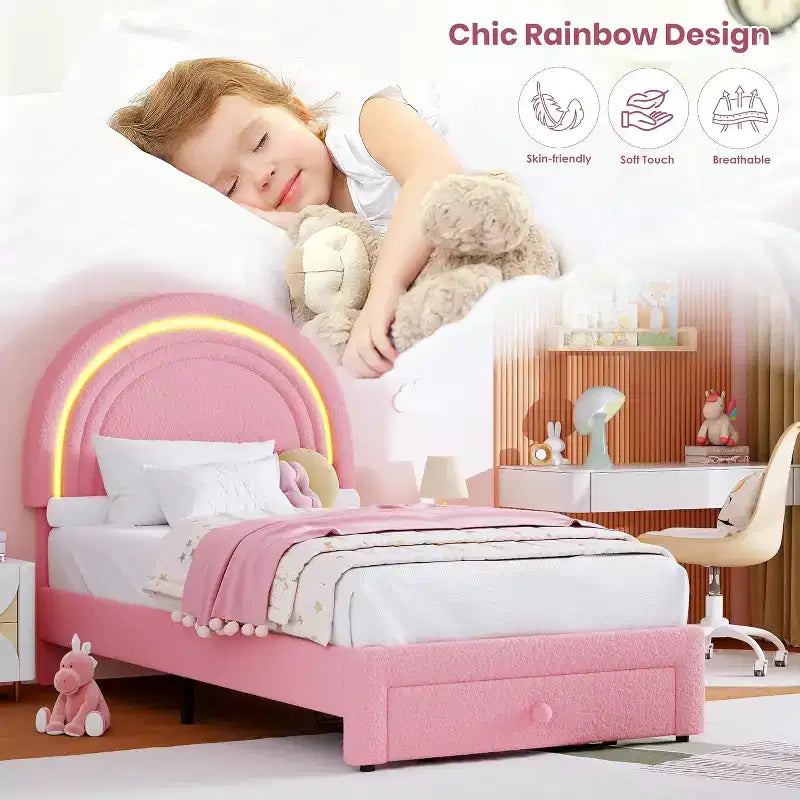 Cadre de lit enfant taille jumeau avec tête de lit arc-en-ciel LED et tiroir de rangement