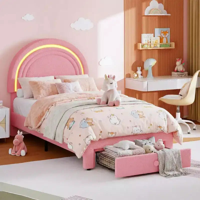 Cadre de lit enfant taille jumeau avec tête de lit arc-en-ciel LED et tiroir de rangement