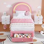 Cadre de lit enfant taille jumeau avec tête de lit arc-en-ciel LED et tiroir de rangement