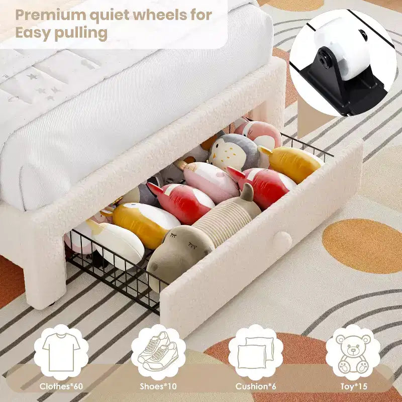 Cadre de lit enfant taille jumeau avec tête de lit arc-en-ciel LED et tiroir de rangement