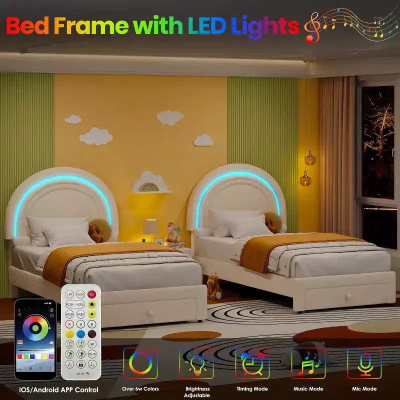 Cadre de lit enfant taille jumeau avec tête de lit arc-en-ciel LED et tiroir de rangement
