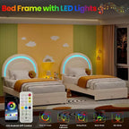 Cadre de lit enfant taille jumeau avec tête de lit arc-en-ciel LED et tiroir de rangement