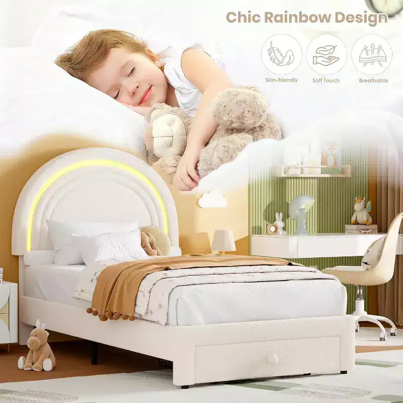 Cadre de lit enfant taille jumeau avec tête de lit arc-en-ciel LED et tiroir de rangement