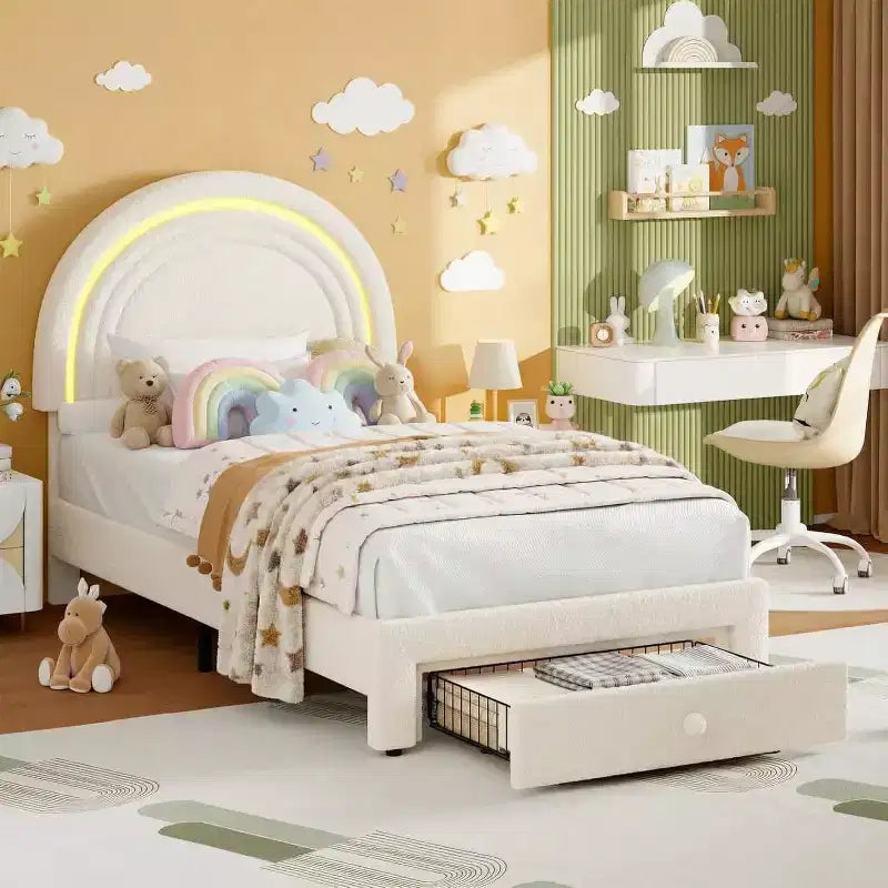 Cadre de lit enfant taille jumeau avec tête de lit arc-en-ciel LED et tiroir de rangement