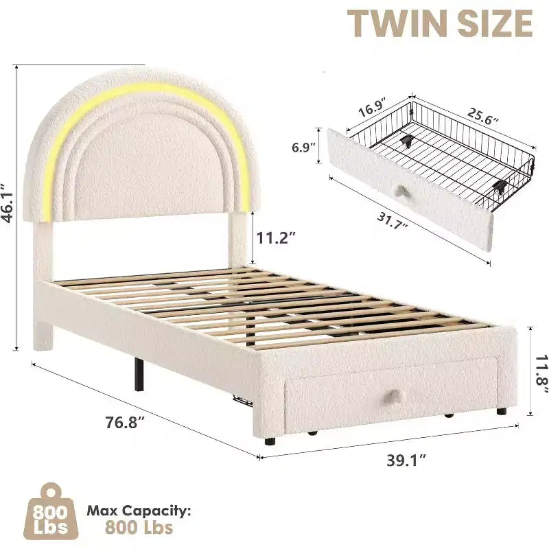 Twin LED Kids Bed Frame with Rainbow Headboard, Storage Drawer, Upholstered Platform Bed, Warm Lamb Wool, No Box Spring Needed