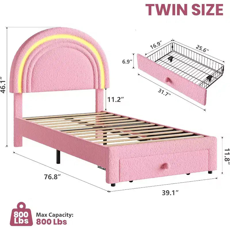 Cadre de lit enfant taille jumeau avec tête de lit arc-en-ciel LED et tiroir de rangement