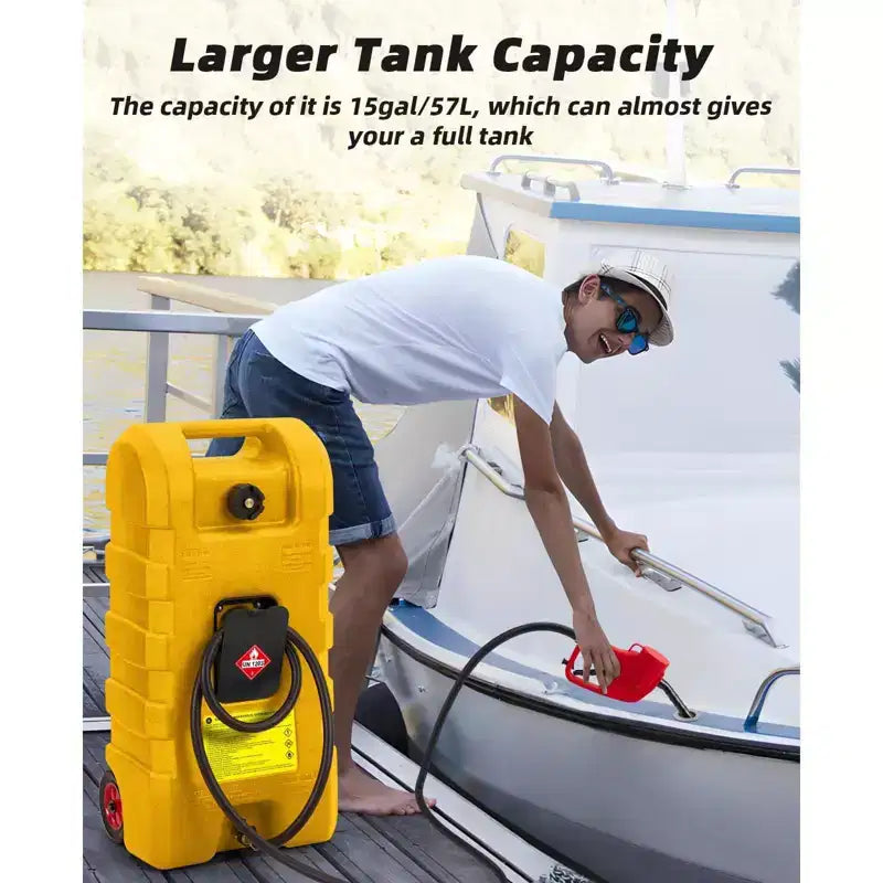 Réservoir d'essence portable de 16 gallons, pompe de transfert manuelle robuste, tuyau de 10 pieds, roulettes anti-fuite, chariot à carburant pour tondeuses à gazon, tracteurs, bateaux, souffleuses à neige