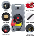 Réservoir d'essence portable de 16 gallons, pompe de transfert manuelle robuste, tuyau de 10 pieds, roulettes anti-fuite, chariot à carburant pour tondeuses à gazon, tracteurs, bateaux, souffleuses à neige
