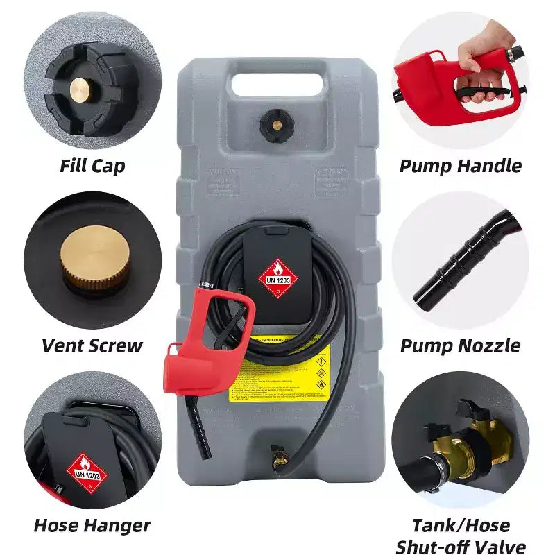 Réservoir d'essence portable de 16 gallons, pompe de transfert manuelle robuste, tuyau de 10 pieds, roulettes anti-fuite, chariot à carburant pour tondeuses à gazon, tracteurs, bateaux, souffleuses à neige