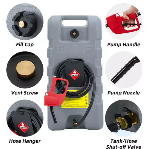 Réservoir d'essence portable de 16 gallons, pompe de transfert manuelle robuste, tuyau de 10 pieds, roulettes anti-fuite, chariot à carburant pour tondeuses à gazon, tracteurs, bateaux, souffleuses à neige