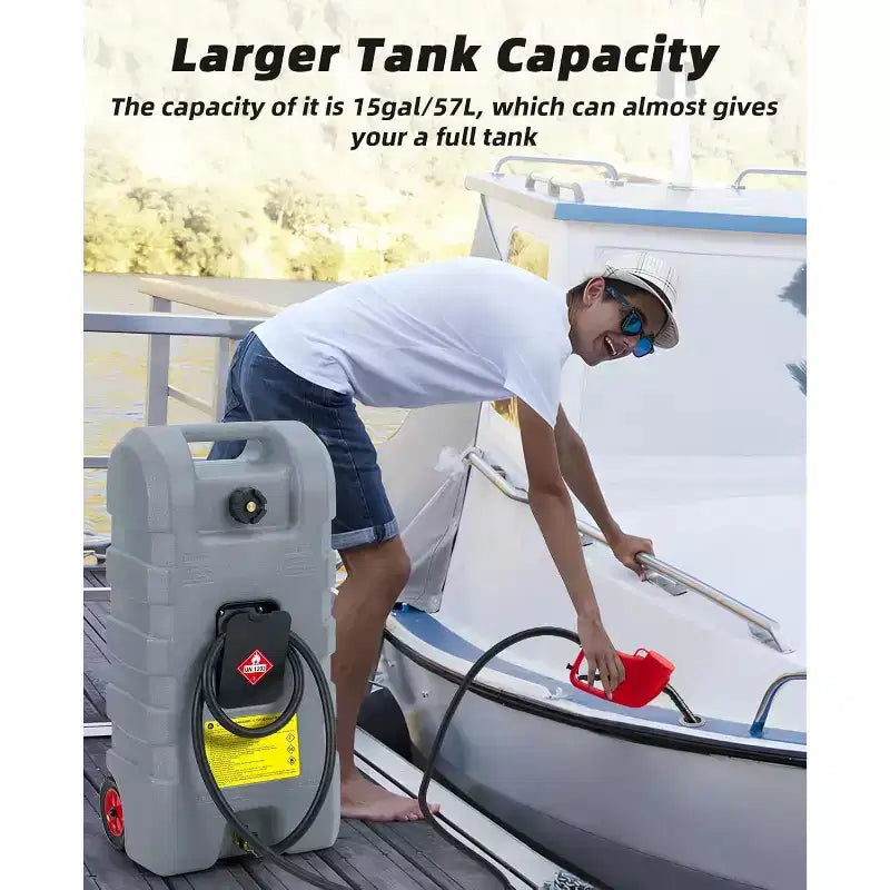 Réservoir d'essence portable de 16 gallons, pompe de transfert manuelle robuste, tuyau de 10 pieds, roulettes anti-fuite, chariot à carburant pour tondeuses à gazon, tracteurs, bateaux, souffleuses à neige