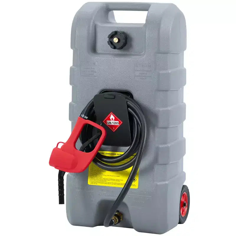 Réservoir d'essence portable de 16 gallons, pompe de transfert manuelle robuste, tuyau de 10 pieds, roulettes anti-fuite, chariot à carburant pour tondeuses à gazon, tracteurs, bateaux, souffleuses à neige