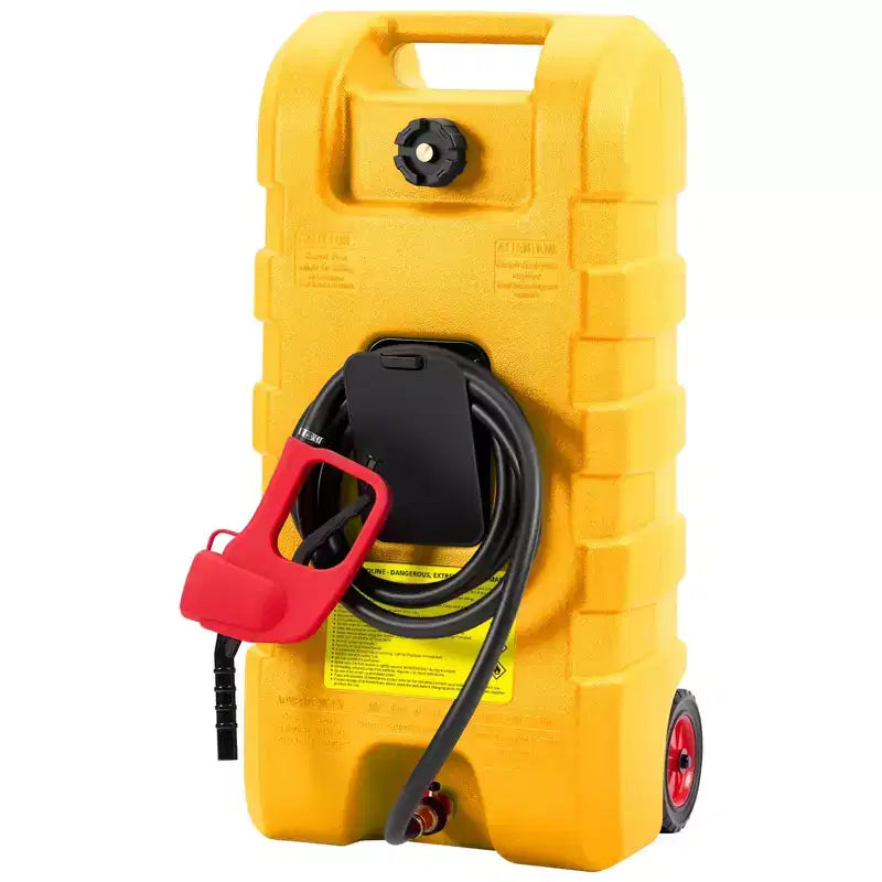 Réservoir d'essence portable de 16 gallons, pompe de transfert manuelle robuste, tuyau de 10 pieds, roulettes anti-fuite, chariot à carburant pour tondeuses à gazon, tracteurs, bateaux, souffleuses à neige