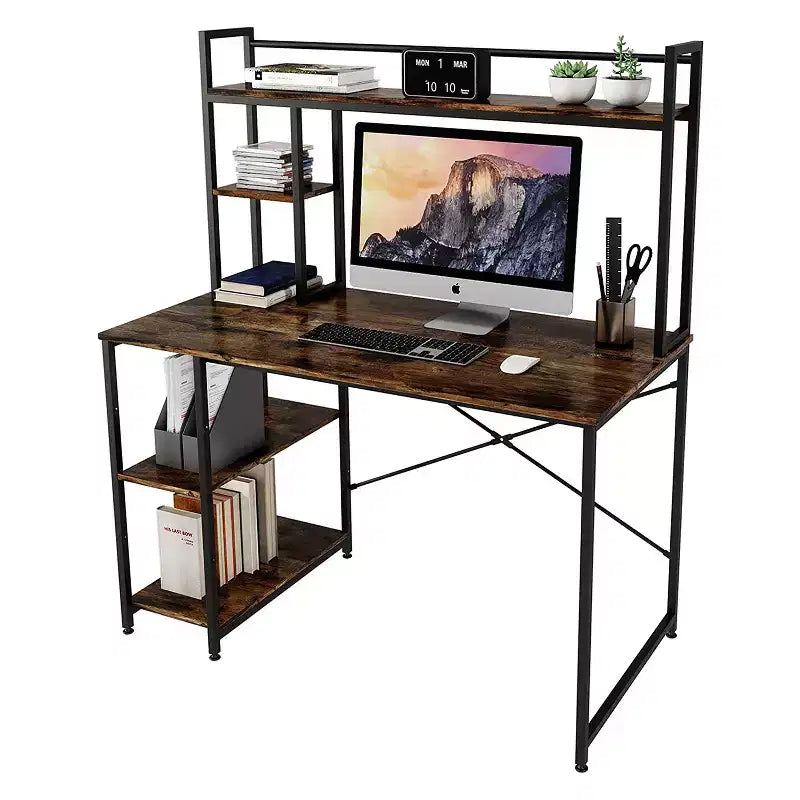 Nost & Host 47 Inch Modern Industrial Table Home Office Wood Desktop Mount Computer Study Desk with 2 Tier Adjustable Book Shelves, Oak