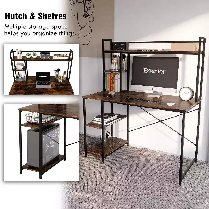 Nost & Host Bureau informatique industriel moderne de 47 pouces avec 2 étagères réglables, chêne