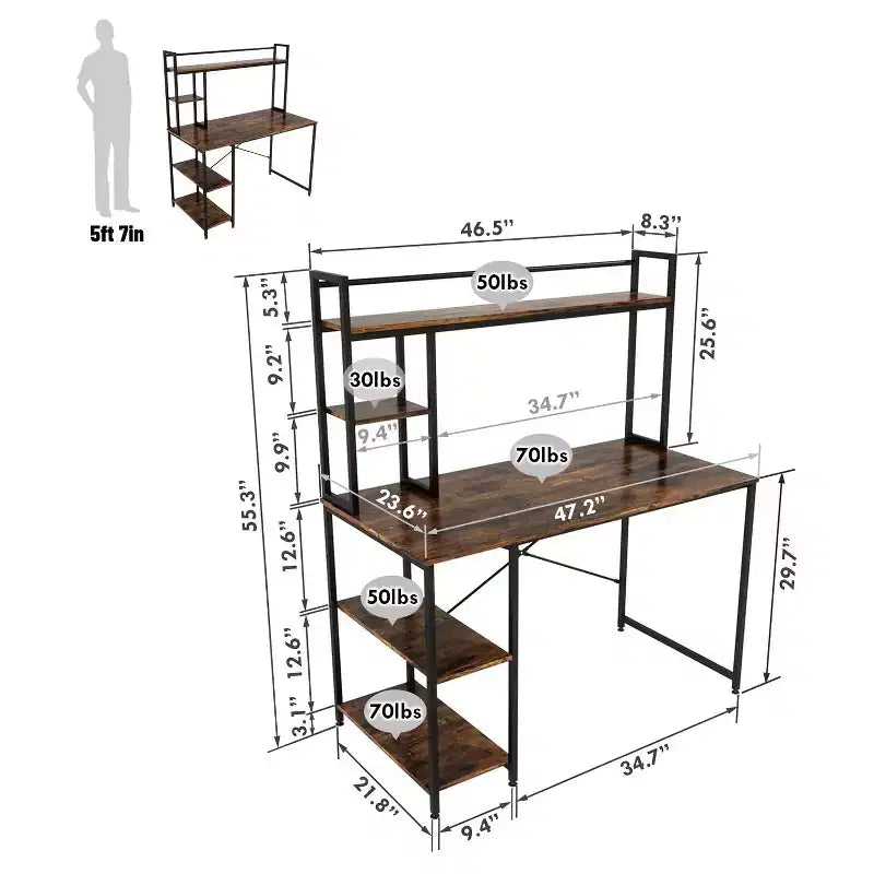 Nost & Host Bureau informatique industriel moderne de 47 pouces avec 2 étagères réglables, chêne