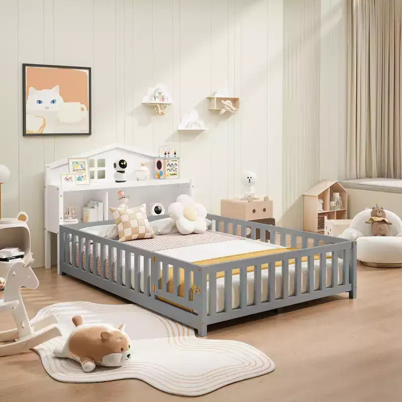 Meuble de rangement pour tête de lit de lit au sol Montessori pleine grandeur, blanc