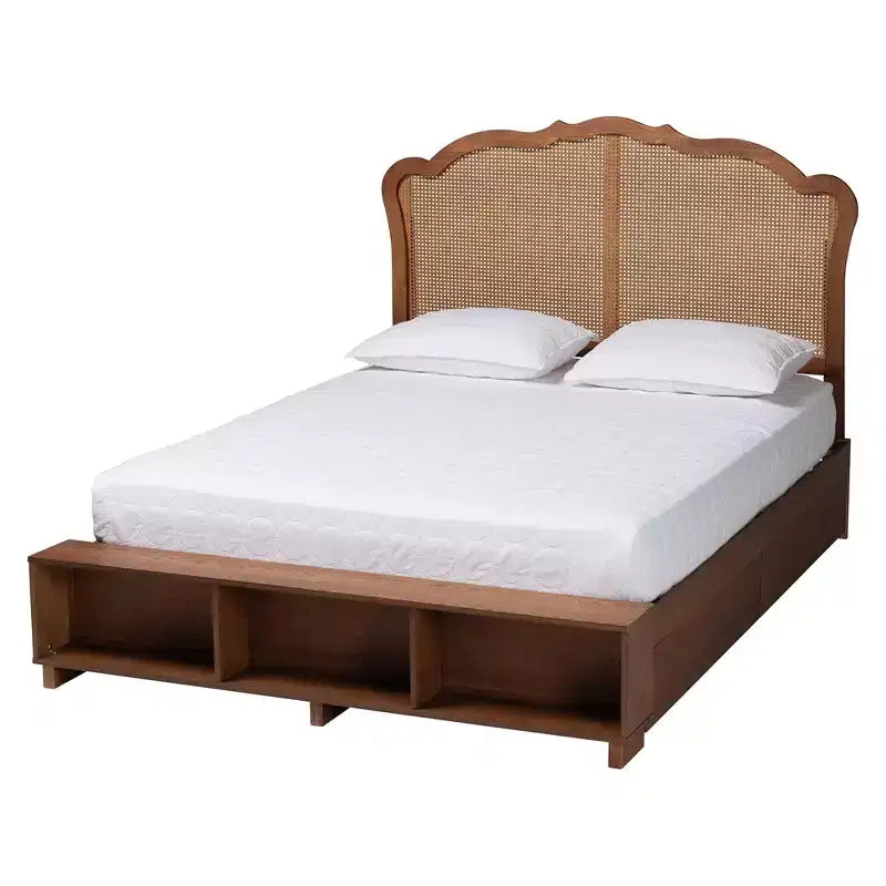 Baxton Studio Queen Latrell Wood and Rattan Storage Bed Walnut Brown
