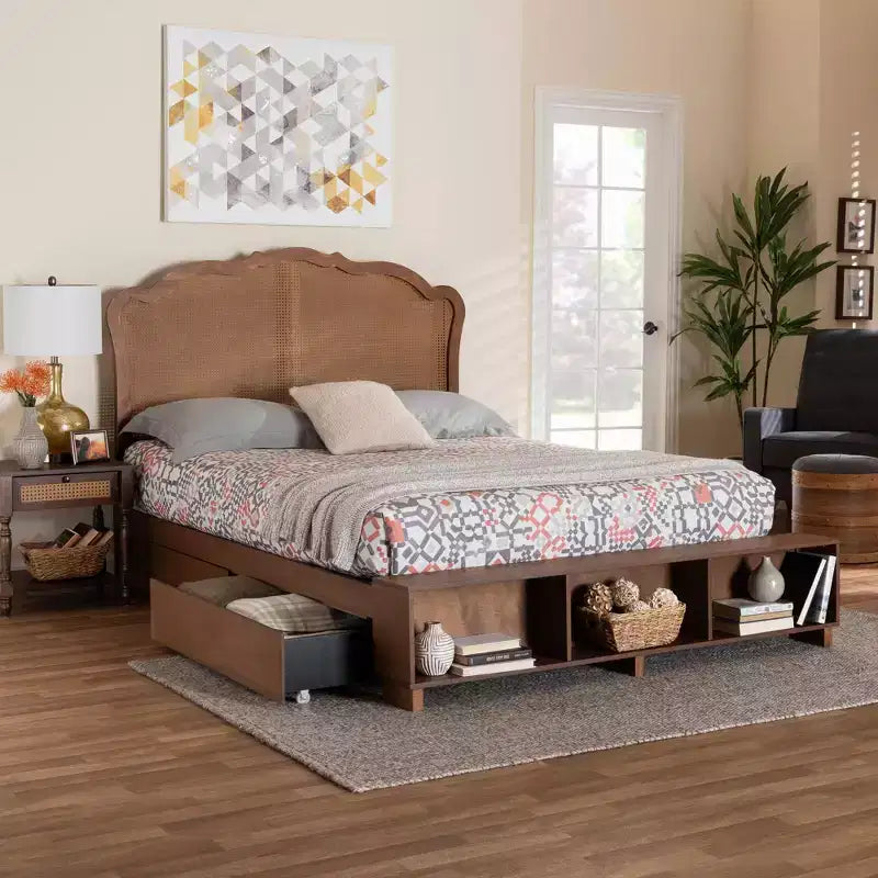 Lit de rangement Latrell en bois et rotin pour grand lit Baxton Studio, noyer brun