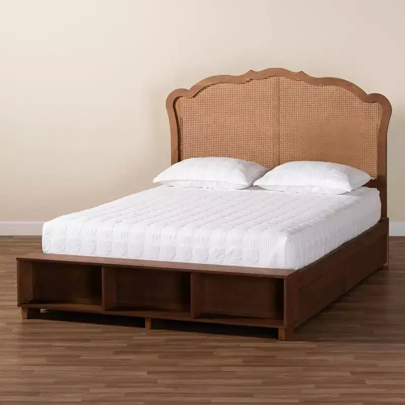 Lit de rangement Latrell en bois et rotin pour grand lit Baxton Studio, noyer brun