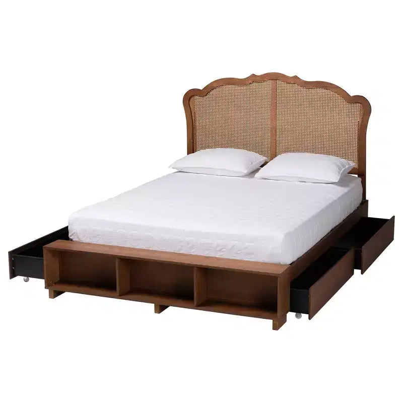 Lit de rangement Latrell en bois et rotin pour grand lit Baxton Studio, noyer brun